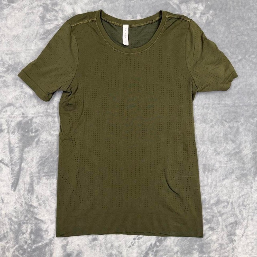 Athleta olive green perforated short sleeve athletic top